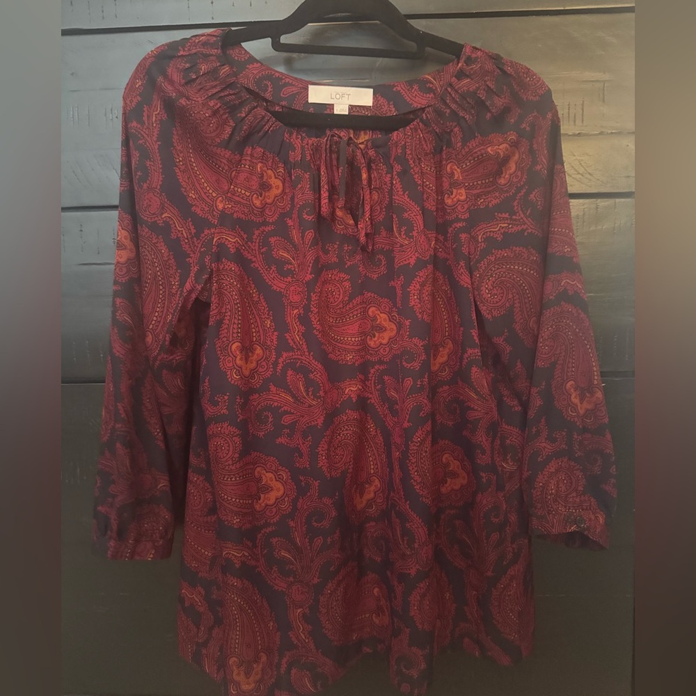 LOFT Sheer Red and Black Paisley Long Sleeve Blouse with Tie Front
